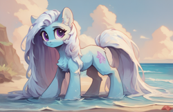 Size: 1200x776 | Tagged: source needed, safe, ai content, derpibooru import, machine learning assisted, machine learning generated, oc, oc only, earth pony, pony, beach, blue coat, chest fluff, cliff, cloud, ear fluff, ears, long mane, long tail, looking at you, partially submerged, prompter needed, sky, solo, standing, standing in water, tail, water, white mane, white tail