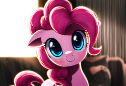 Size: 1216x832 | Tagged: safe, ai content, derpibooru import, generator:novelai, generator:stable diffusion, machine learning generated, pinkie pie, earth pony, pony, g4, anonymous prompter, blushing, cute, detailed background, diapinkes, ears, female, floppy ears, head tilt, looking at you, mare, smiling, smiling at you, solo, tail