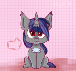 Size: 1572x1472 | Tagged: safe, artist:deadsmoke, derpibooru import, oc, oc:dreaming star, bat pony, unicorn, chibi, cute, fangs, horn, simple background, sitting, smiling