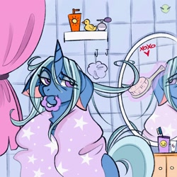 Size: 2560x2560 | Tagged: safe, artist:namelessplaza, derpibooru import, trixie, bird, duck, unicorn, bathroom, comb, horn, magic, mirror, morning, routine, sketch, solo, telekinesis