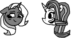 Size: 460x241 | Tagged: safe, artist:rosa ushiromiya, derpibooru import, starlight glimmer, trixie, pony, unicorn, g4, black and white, blushing, female, grayscale, horn, lesbian, mare, monochrome, pixel-crisp art, shipping, startrix