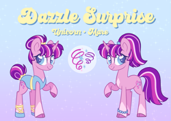 Size: 1035x732 | Tagged: safe, artist:y2kitty, derpibooru import, oc, oc only, oc:dazzle surprise, pony, unicorn, g4, ballerina, ballet slippers, bangs, base used, big eyes, blue eyelashes, blue eyes, blue pupils, bracelet, chest marking, clothes, cloven hooves, coat markings, colored eyelashes, colored hooves, colored pupils, curved horn, facial markings, female, female oc, gradient background, hair bun, hooves, horn, jewelry, lanky, leotard, long tail, looking back, magical lesbian spawn, mare, mare oc, next generation, offspring, parent:pinkie pie, parent:twilight sparkle, parents:twinkie, ponytail, purple coat, purple hooves, reference sheet, signature, skinny, smiling, socks (coat marking), solo, sparkles, star (coat marking), tail, tail bun, tail tie, tall, text, thin, three toned mane, three toned tail, tied mane, tied tail, unicorn horn, unicorn oc, yellow text