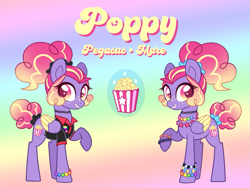 Size: 971x732 | Tagged: safe, artist:y2kitty, derpibooru import, oc, oc only, oc:poppy, pegasus, pony, g4, autism spectrum disorder, bangs, base used, bracelet, braces, choker, clothes, collared shirt, colored pupils, colored wings, colored wingtips, curly hair, curly mane, curly tail, female, female oc, folded wings, food, freckles, gradient background, gradient eyes, gradient mane, gradient tail, jewelry, lanky, long legs, looking back, magenta pupils, magical lesbian spawn, mare, necklace, next generation, offspring, parent:pinkie pie, parent:twilight sparkle, parents:twinkie, pegasus oc, ponytail, popcorn, pride, pride flag, purple coat, raised hoof, raised leg, reference sheet, scrunchie, shirt, sidebangs, signature, skinny, smiling, solo, standing, standing on three hooves, tail, tail bun, tail tie, tall, thin, tied mane, tied tail, two toned mane, two toned tail, two toned wings, wings, yellow wingtips