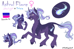 Size: 3000x2000 | Tagged: safe, artist:squishkitti, derpibooru import, oc, oc:astral flare, pony, unicorn, bisexual pride flag, female, horn, magical lesbian spawn, mare, offspring, parent:starlight glimmer, parent:trixie, parents:startrix, pride, pride flag, simple background, solo, white background