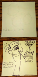 Size: 2334x4633 | Tagged: source needed, safe, artist:wren, derpibooru import, oc, oc only, oc:legmare, bird, chicken, pony, balloon, basket, draw the rest of the horse, egg, floating, legmare, monochrome, simple background, sketch, sticky note, traditional art