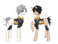 Size: 750x563 | Tagged: source needed, safe, artist:qiyuesongguo, derpibooru import, earth pony, pony, anime, duo, haikyuu, kōshi sugawara, ponified, simple background, species swap, tobio kageyama, white background