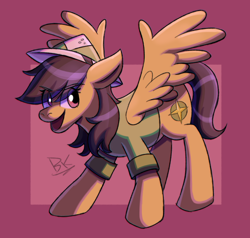 Size: 1688x1608 | Tagged: safe, artist:bkiltersot, derpibooru import, daring do, pegasus, pony, g4, black hair, clothes, cutie mark, eye clipping through hair, female, green shirt, hat, mare, open mouth, open smile, red background, red eyes, shirt, simple background, smiling, solo, spread wings, wings