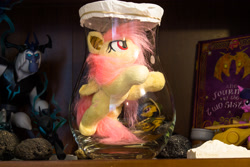 Size: 2500x1667 | Tagged: safe, artist:lanacraft, artist:natureshy, derpibooru import, daring do, fluttershy, storm king, bat pony, pony, bat ponified, flutterbat, irl, jar, photo, plushie, pony in a bottle, race swap, toy