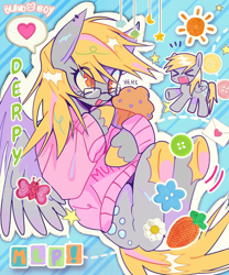 Size: 1080x1298 | Tagged: safe, artist:bland__boy, derpibooru import, derpy hooves, butterfly, pegasus, pony, g4, ><, button, carrot, clothes, cute, cute little fangs, ear piercing, earring, envelope, eye clipping through hair, eyes closed, fangs, female, flower, food, giggling, glasses, heart, herbivore, jewelry, mare, muffin, name, piercing, solo, speech bubble, stars, sun, sweater, text, unshorn fetlocks