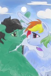 Size: 2000x3000 | Tagged: safe, artist:rapt, derpibooru import, rainbow dash, oc, oc:anon stallion, eye contact, hug, looking at each other, looking into each others eyes, shipping, sky background, spread wings, winghug, wings