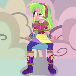 Size: 2500x2500 | Tagged: safe, artist:nie-martw-sie-o-mnie, derpibooru import, part of a set, lemon zest, human, dance magic, equestria girls, g4, bondage, boots, chair, cleave gag, cloth gag, clothes, equestria girls specials, female, femsub, gag, headphones, high heel boots, leggings, rope, rope bondage, shoes, sitting, solo, submissive