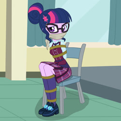 Size: 1280x1280 | Tagged: safe, artist:nie-martw-sie-o-mnie, derpibooru import, part of a set, sci-twi, twilight sparkle, human, equestria girls, g4, bondage, chair, cloth gag, clothes, crystal prep academy uniform, female, femsub, gag, glasses, hairpin, necktie, rope, rope bondage, school tie, school uniform, schoolgirl, shoes, sitting, skirt, socks, solo, submissive, twisub