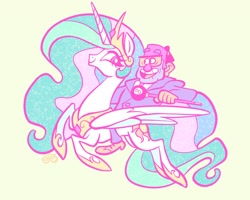 Size: 2048x1642 | Tagged: safe, artist:janegumball, derpibooru import, part of a set, princess celestia, alicorn, human, pony, g4, black suit, cane, clothes, colored, colored eyebrows, crossover, crown, duo, duo male and female, eyebrows, eyebrows visible through hair, eyelashes, female, fez, flat colors, flowing mane, flowing tail, flying, glasses, gravity falls, hat, holding, hoof shoes, horn, humans riding ponies, jewelry, long horn, long mane, long tail, looking at each other, looking at someone, male, mare, multicolored mane, multicolored tail, open mouth, open smile, partially open wings, peytral, pink eyes, princess shoes, profile, regalia, riding, riding a pony, shoes, signature, simple background, smiling, smiling at each other, sparkly mane, sparkly tail, stanley pines, striped mane, striped tail, suit, tail, thin legs, tiara, wall of tags, wavy mane, wavy tail, white coat, wings, yellow background