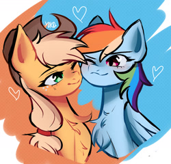 Size: 2120x2035 | Tagged: safe, artist:yokonette, derpibooru import, applejack, rainbow dash, earth pony, pegasus, pony, appledash, cheek to cheek, chest fluff, duo, female, lesbian, one eye closed, shipping