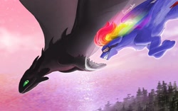 Size: 1532x963 | Tagged: safe, artist:sorninay, derpibooru import, rainbow dash, dragon, pegasus, pony, g4, crossover, dreamworks, duo, ears back, female, flying, goggles, grin, how to train your dragon, mare, night fury, smiling, toothless the dragon, windswept mane