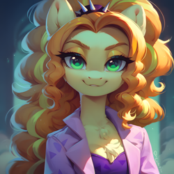 Size: 4096x4096 | Tagged: safe, ai content, derpibooru import, generator:pony diffusion v6 xl, generator:stable diffusion, machine learning generated, adagio dazzle, anthro, g4, :3, cheek fluff, chest fluff, clothes, ear fluff, ears, eyebrows, female, fluffy, fog, green eyes, jacket, looking at you, mare, prompter:thedaren666, race swap, smiling, smug, solo, teeth