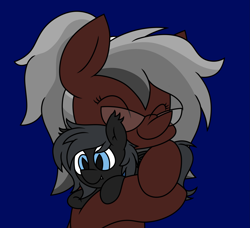 Size: 2949x2695 | Tagged: safe, artist:derpyalex2, derpibooru import, oc, oc only, oc:duncan cutler, oc:lunaria light, bat pony, earth pony, pony, bat pony oc, blue background, commission, cuddling, digital art, glasses, hug, plushie, ponytail, simple background, ych result