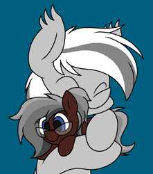 Size: 2463x2788 | Tagged: safe, artist:derpyalex2, derpibooru import, oc, oc only, oc:lunaria light, oc:silver edge, earth pony, pegasus, pony, blue background, commission, cuddling, digital art, glasses, hug, plushie, ponytail, simple background, ych result