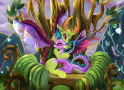 Size: 2250x1636 | Tagged: safe, artist:darksly, derpibooru import, spike, thorax, changedling, changeling, dragon, hybrid, g4, alternate timeline, caring for the sick, changedlingified, changeling dragon, changeling hive, changelingified, claws, cloud, commission, crepuscular rays, cute, digital art, duo, duo male, ears, eyes closed, floppy ears, flower, folded wings, gay, gem, grass, horn, horns, king thorax, leaves, logo, lying down, male, purple eyes, resting, scales, ship:thoraxspike, shipping, signature, sitting, sky, smiling, sparkles, species swap, spikabetes, spread wings, sunlight, sunset, thorabetes, throne, transformation, transparent wings, tree, what if, winged spike, wings, worried