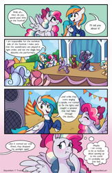 Size: 1496x2300 | Tagged: safe, artist:skysorbett, derpibooru import, oc, oc only, oc:sky sorbet, oc:twister joy, pegasus, pony, comic:breaking free, balloon, clothes, comic, female, male, mare, outdoors, speaker, speech bubble, stage, stallion, talking