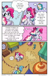 Size: 1496x2300 | Tagged: safe, artist:skysorbett, derpibooru import, oc, oc only, oc:peach bubble, oc:sky sorbet, pegasus, pony, comic:breaking free, comic, female, mare, market, outdoors, speech bubble, street, thinking, thought bubble