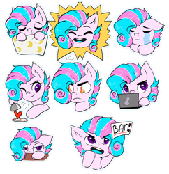 Size: 3323x3432 | Tagged: safe, artist:kristina, derpibooru import, oc, oc only, oc:sweetie swirl, bat pony, pony, commission, computer, emotions, laptop computer, simple background, solo, sticker, transparent background, ych result