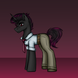 Size: 3000x3000 | Tagged: safe, artist:darklight1315, derpibooru import, oc, oc only, oc:catharsis, pony, unicorn, fallout equestria, clothes, concept art, fallout equestria: mayday, horn, necktie, pants, pre-war, shirt, solo, white shirt