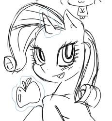 Size: 524x568 | Tagged: safe, artist:dashwooo, derpibooru import, rarity, pony, unicorn, apple, food, horn, magic, monochrome, simple background, white background