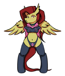 Size: 675x792 | Tagged: safe, artist:3ejlehbln, derpibooru import, oc, oc only, oc:zelenka, pegasus, pony, semi-anthro, belly, belly button, choker, clothes, eyeshadow, female, makeup, mare, meme, paggi outfit, pegasus oc, piercing, simple background, solo, white background