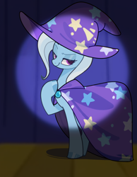 Size: 1120x1440 | Tagged: safe, artist:aba6422176, derpibooru import, trixie, pony, unicorn, female, horn, looking at you, mare, smiling, smirk, solo, spotlight, stage