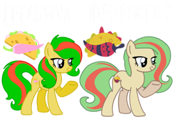 Size: 1032x774 | Tagged: safe, artist:meghan12345, derpibooru import, earth pony, pony, g4, battle for dream island, cutie mark, duo, female, lidded eyes, mare, ponified, raised hoof, raised leg, simple background, smiling, species swap, taco (battle for dream island), transparent background