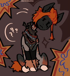 Size: 1887x2048 | Tagged: safe, artist:crashbrush, derpibooru import, oc, oc only, earth pony, pony, :<, bandana, bowed head, clothes, ear fluff, ears, full body, hoof fluff, leg warmers, looking at you, male, multicolored fur, orange mane, questioning, request, sitting, solo, stallion