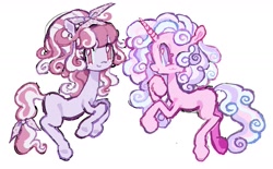 Size: 1451x901 | Tagged: safe, artist:dddddaxie998839, derpibooru import, part of a set, pinkie pie, rarity, oc, oc:ensemble, oc:party trick, earth pony, pony, unicorn, g4, alternate accessories, alternate coat color, alternate design, alternate eye color, alternate hairstyle, alternate mane color, alternate tail color, alternate tailstyle, bangs, big eyes, blue sclera, blushing, bow, colored eyelashes, colored pinnae, colored pupils, colored sclera, curly hair, curly mane, curly tail, duo, duo female, ears, earth pony oc, earth pony rarity, female, female oc, floppy ears, hair bow, headband, horn, lavender coat, long mane, long tail, looking at you, magenta eyelashes, mare, mare oc, missing cutie mark, pastel, pink coat, pink eyelashes, profile, purple bow, purple coat, purple eyes, purple pupils, race swap, raised hoof, raised hooves, raised leg, simple background, smiling, smiling at you, striped mane, striped tail, tail, tail tie, thin, three toned mane, three toned tail, tied tail, underhoof, unicorn horn, unicorn oc, unicorn pinkie pie, updo, white background