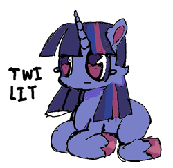 Size: 589x572 | Tagged: safe, artist:dddddaxie998839, derpibooru import, twilight sparkle, unicorn twilight, pony, unicorn, g4, :i, alternate color palette, autism creature, bangs, big eyes, big hooves, cheek fluff, colored eyelashes, colored hooves, colored pinnae, ear fluff, ears, female, hooves, horn, lying down, mare, missing cutie mark, no tail, pink hooves, prone, purple coat, purple eyelashes, purple eyes, shiny hooves, simple background, sitting, solo, straight face, straight mane, striped mane, text, three toned mane, unicorn horn, unshorn fetlocks, white background