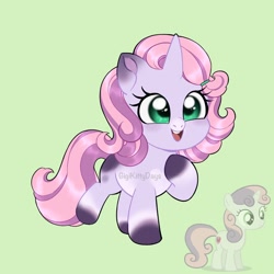 Size: 1440x1440 | Tagged: safe, artist:gigikittydays, derpibooru import, sweetie belle, cute, diasweetes, green background, signature, simple background, solo