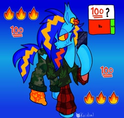 Size: 2048x1951 | Tagged: safe, artist:koidial, derpibooru import, oc, oc only, oc:dreadful blue horse!, bat pony, pony, bat pony oc, blue coat, camouflage, cellphone, clothes, colored sclera, ear piercing, ear tufts, earring, emoji, female, female oc, flannel, folded wings, gradient background, halftone, hoof hold, instagram story, iphone, jewelry, lidded eyes, mare, mare oc, mismatched socks, no catchlights, no pupils, oversized clothes, pants, phone, piercing, pose, pouty lips, red eyes, shirt, signature, smartphone, socks, solo, spiky mane, spiky tail, standing on three hooves, sticker, striped mane, striped tail, sweat, sweatdrop, tail, text, three toned mane, two toned tail, wall of tags, wings, yellow sclera