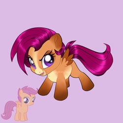 Size: 2048x2048 | Tagged: safe, artist:gigikittydays, derpibooru import, scootaloo, cute, cutealoo, purple background, signature, simple background, solo