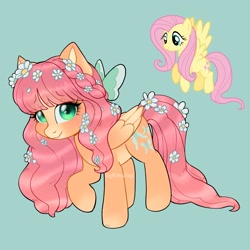 Size: 1800x1800 | Tagged: safe, artist:gigikittydays, derpibooru import, fluttershy, blue background, cyan background, flower, flower in hair, simple background, solo