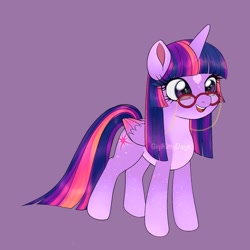 Size: 1440x1440 | Tagged: safe, artist:gigikittydays, derpibooru import, twilight sparkle, twilight sparkle (alicorn), alicorn, glasses, purple background, simple background, solo