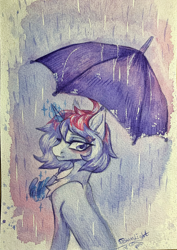 Size: 2824x4000 | Tagged: safe, artist:jsunlight, derpibooru import, oc, oc only, pony, unicorn, horn, magic, rain, solo, telekinesis, traditional art, umbrella, watercolor painting