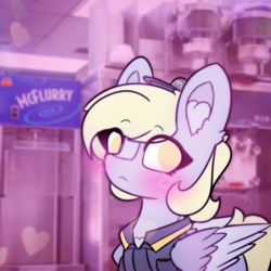 Size: 4096x4096 | Tagged: safe, artist:sodapop sprays, derpibooru import, part of a set, derpy hooves, pegasus, pony, series:derpy can't catch a break, blushing, chest fluff, clothes, drink, ear fluff, ears, embarrassed, eye clipping through hair, fast food, food, freckles, looking at you, mcdonald's, mcflurry, meme, milkshake, milkshake machine, solo