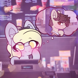 Size: 4096x4096 | Tagged: safe, artist:sodapop sprays, derpibooru import, part of a set, derpy hooves, doctor whooves, pegasus, pony, series:derpy can't catch a break, blushing, chest fluff, clothes, david tennant, daydream, doctor who, ear fluff, ears, eye clipping through hair, fast food, food, freckles, looking at you, mcdonald's, tardis, tenth doctor