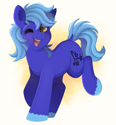 Size: 2009x2155 | Tagged: safe, artist:adostume, derpibooru exclusive, derpibooru import, oc, oc only, oc:dayandey, earth pony, pony, digital art, gradient background, male, one eye closed, raised hoof, raised leg, simple background, smiling, solo, solo male, teeth, wink