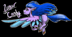 Size: 2682x1368 | Tagged: safe, artist:secrets-of-everfree, derpibooru import, oc, oc only, oc:lunar candy, pegasus, pony, black background, colored wings, colored wingtips, ear piercing, earring, eyebrows, female, jewelry, mare, pegasus oc, piercing, side view, simple background, smiling, solo, spread wings, wings