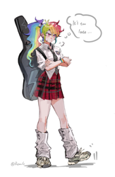 Size: 1606x2466 | Tagged: safe, artist:remlo, derpibooru import, rainbow dash, human, clothes, crossed arms, guitar case, humanized, multicolored hair, rainbow hair, skirt, text, thought bubble, upset