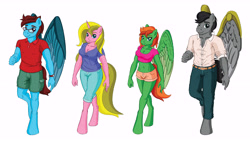 Size: 7547x4271 | Tagged: safe, artist:merrypaws, artist:miipack603, derpibooru import, oc, oc:aurora honeyblossom, oc:dusky braveheart, oc:ivy flashbreeze, oc:jasper darkblaze, anthro, pegasus, unguligrade anthro, unicorn, amputee, anthro oc, artificial wings, augmented, belt, belt buckle, breasts, cargo shorts, cleavage, clothes, denim, female, glasses, horn, hot pants, jeans, looking at you, male, mare, mechanical wing, midriff, multicolored mane, pants, pegasus oc, polo shirt, prosthetic limb, prosthetic wing, prosthetics, shading, shading practice, shirt, short shirt, shorts, stallion, tail, unicorn oc, watch, wing brace, wings