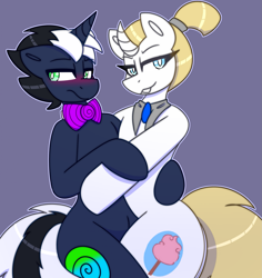 Size: 1865x1976 | Tagged: safe, artist:askhypnoswirl, derpibooru import, oc, oc only, oc:decora, oc:hypno swirl, unicorn, blushing, bowtie, commission, duo, duo male and female, eyelashes, female, holding, horn, male, necktie, unicorn oc