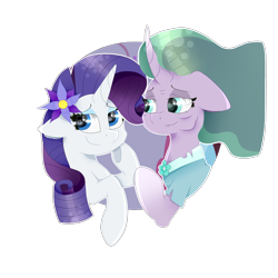 Size: 2000x2000 | Tagged: safe, artist:kathepart, derpibooru import, mistmane, rarity, unicorn, g4, accessory, clothes, duo, duo female, female, horn, simple background, transparent background