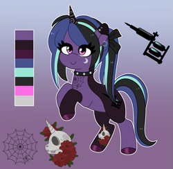 Size: 1801x1755 | Tagged: safe, artist:emera33, derpibooru import, oc, oc:nightingale, unicorn, choker, ear piercing, female, goth, hoof polish, horn, metalhead, multicolored hair, piercing, ponytail, punk, purple eyes, skull, spider web, spiked choker, tattoo, tattoo artist, tomboy, trans female, transgender