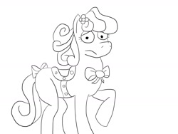 Size: 1600x1200 | Tagged: safe, artist:kaze, derpibooru import, pony, g4, bow, bowtie, dave the barbarian, drawthread, eyelashes, flower, flower in hair, lineart, monochrome, necktie, ponified, requested art, saddle, simple background, solo, species swap, tack, tail, tail bow, twinkle the marvel horse, white background